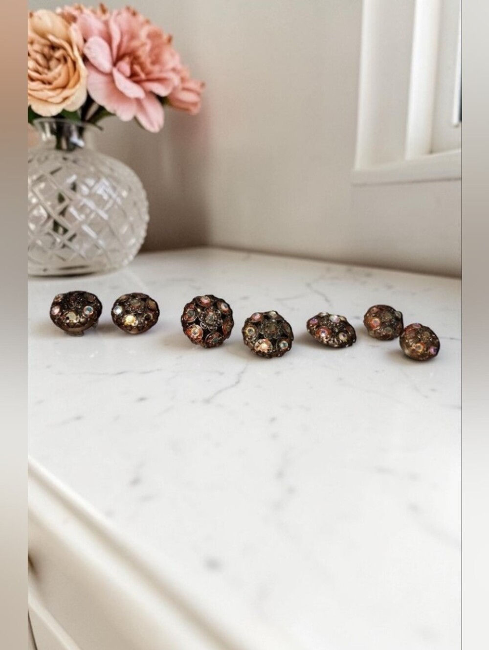 Vintage 1970s Topaz Rhinestone Earring & Button Set